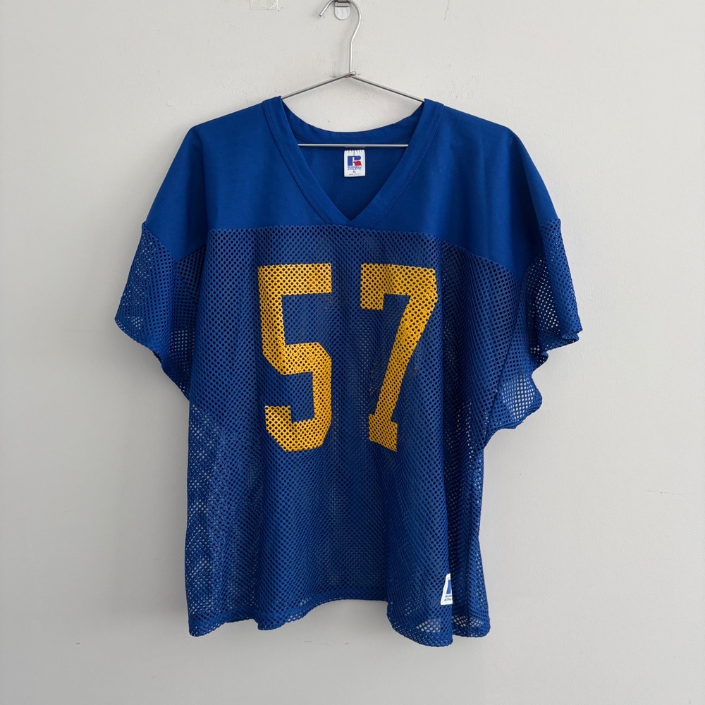 Russell Athletic Vintage 90s Mesh Football Jersey Blue Yellow 57 XL USA Made